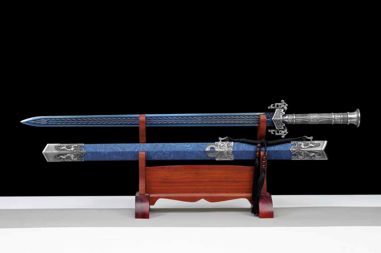 Blue Han Jian | Hand-Forged High Manganese Steel Chinese Sword with Blue Leather Scabbard & Alloy Fittings