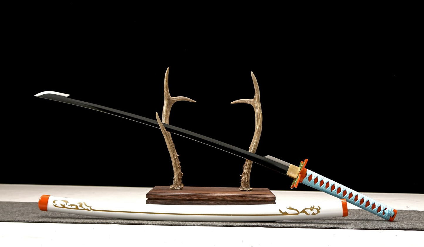 1045 carbon steel black katana with alloy fittings and white scabbard