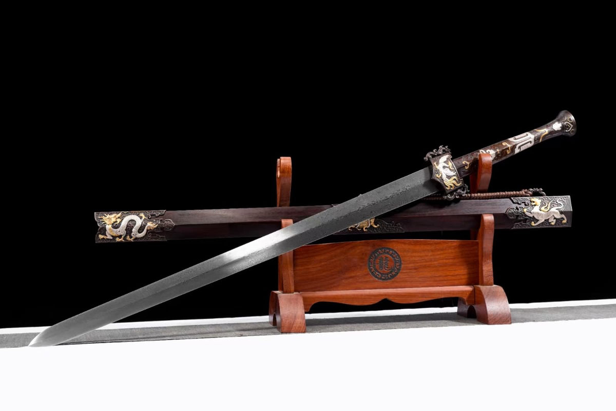 Handcrafted Chinese Han Sword with Forged Damascus Steel Blade - Antique Brass Fittings and Ebony Wood Scabbard