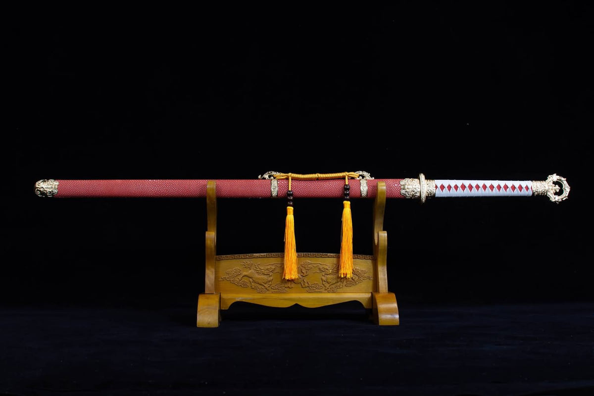 Round Head Tang jian,Battle Ready,Forged Blades,Red Fake Leather Scabbard