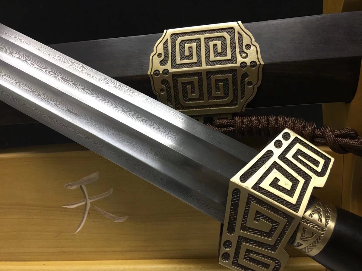 Qin King Jian | Hand-Forged Pattern Steel Chinese Sword with Brass Fittings & Ebony Scabbard