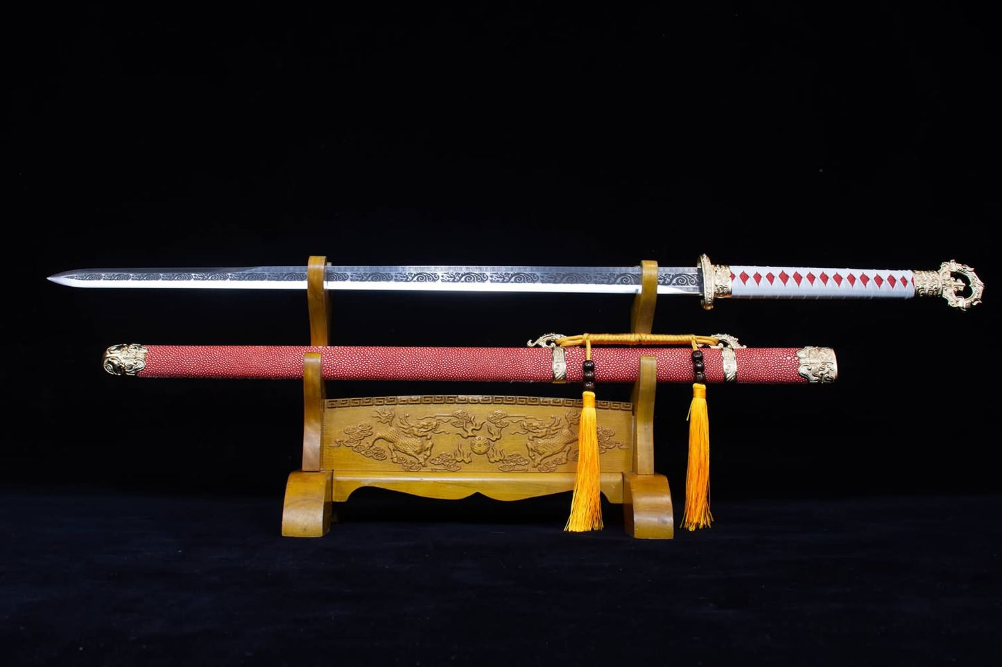 Round Head Tang jian,Battle Ready,Forged Blades,Red Fake Leather Scabbard