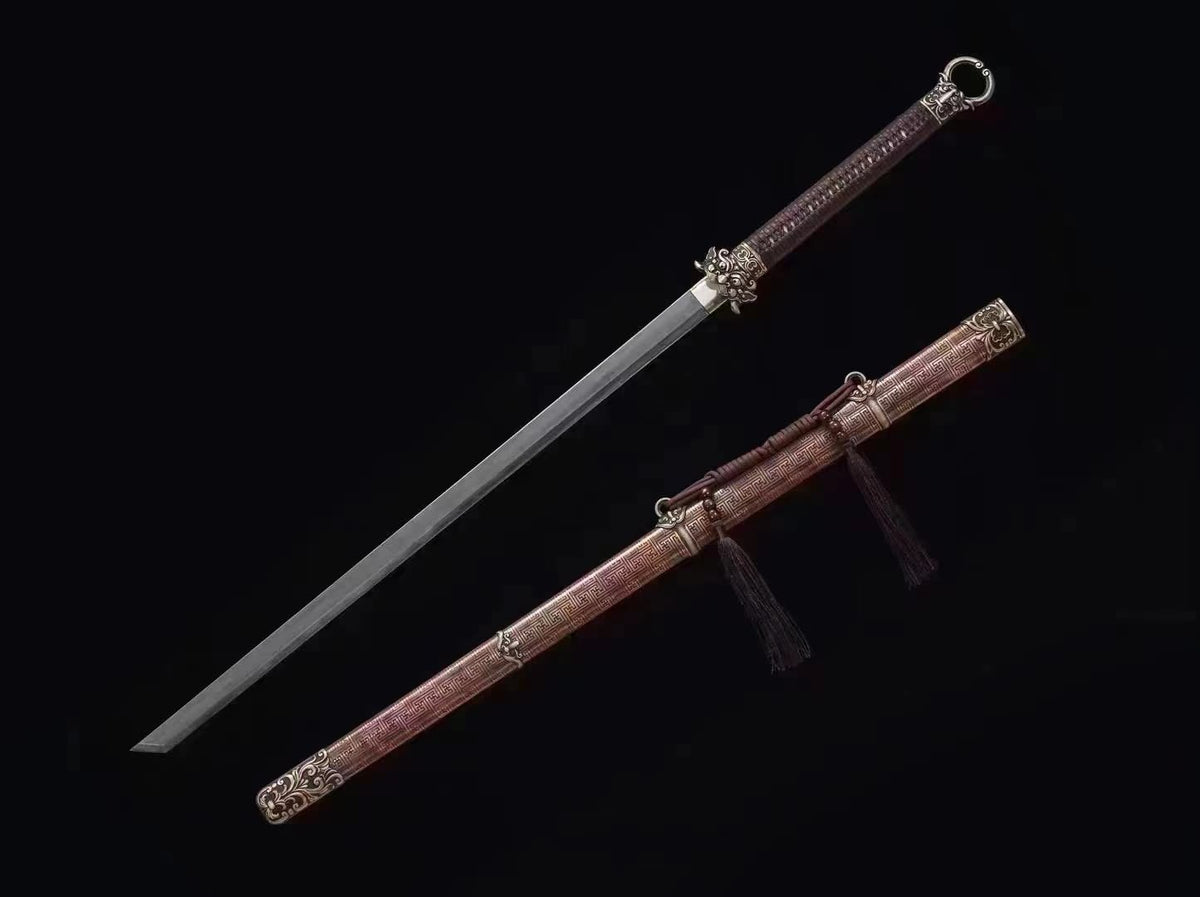 Dragon Roaring Tang Sword-Damascus Steel Blade, Soil Quenched,Purple Copper Scabbard, Brass Fittings.Perfect for Collectors and Enthusiasts.