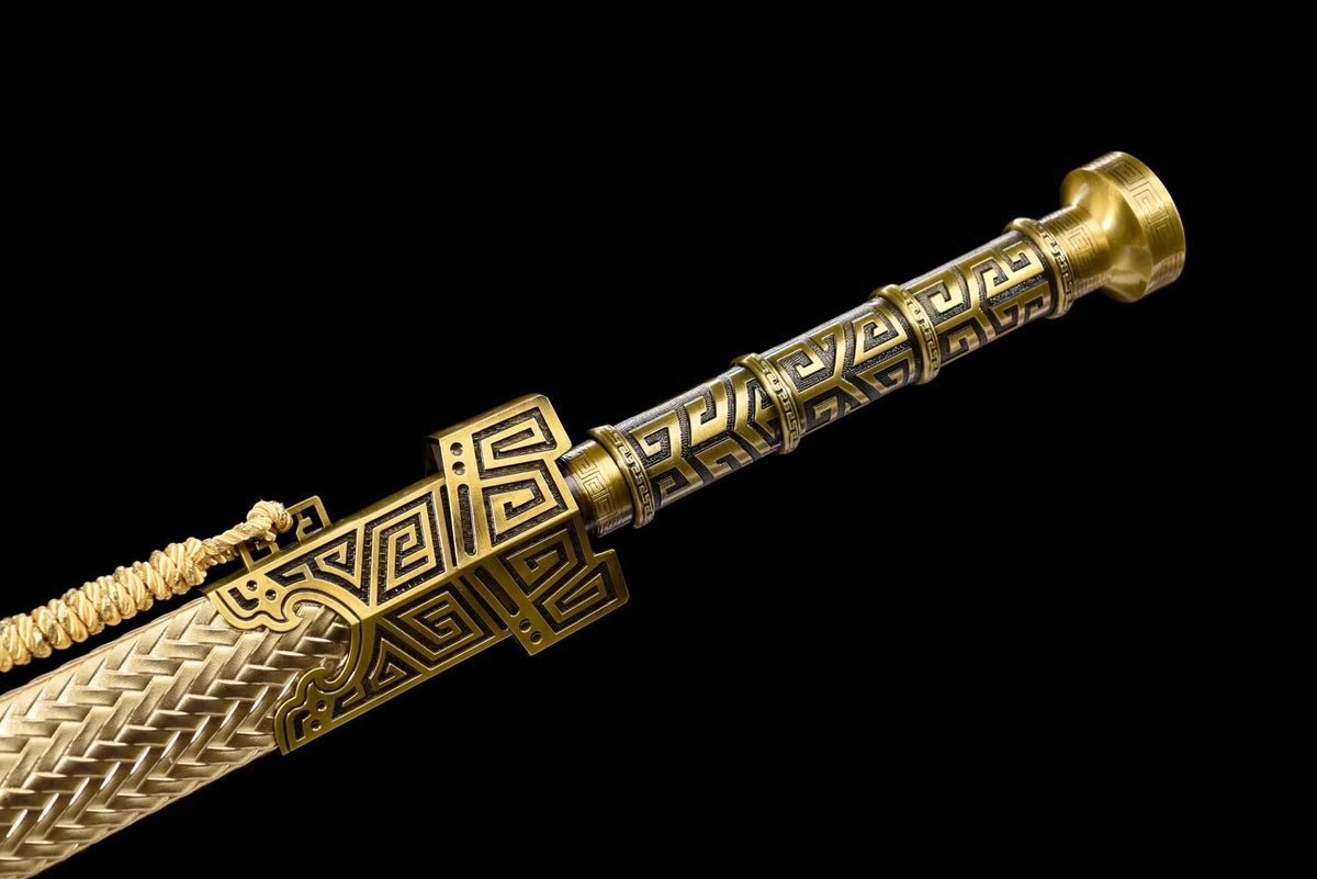 Qin King Jian | Hand-Forged High Manganese Steel Chinese Sword with Qin-Style Alloy Fittings & Gold Scabbard
