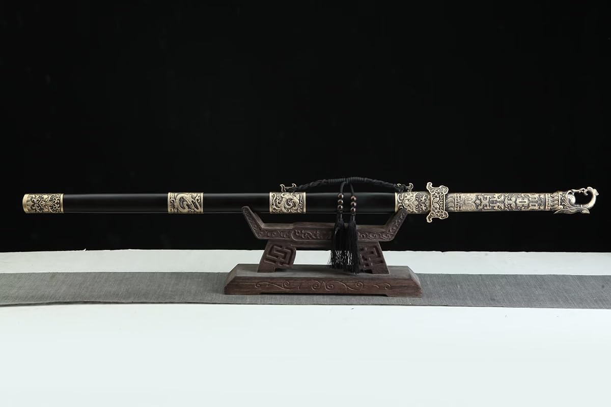 Tang Jian Sword – Forged Damascus Steel Blade, Brass Fittings, Rosewood/Ebony Scabbard
