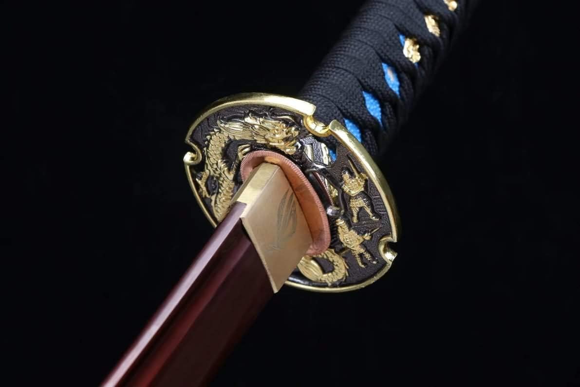 Samurai Katana – Red-Finished High Carbon Blade, Blue Leather Tsuka - Chinese Sword store