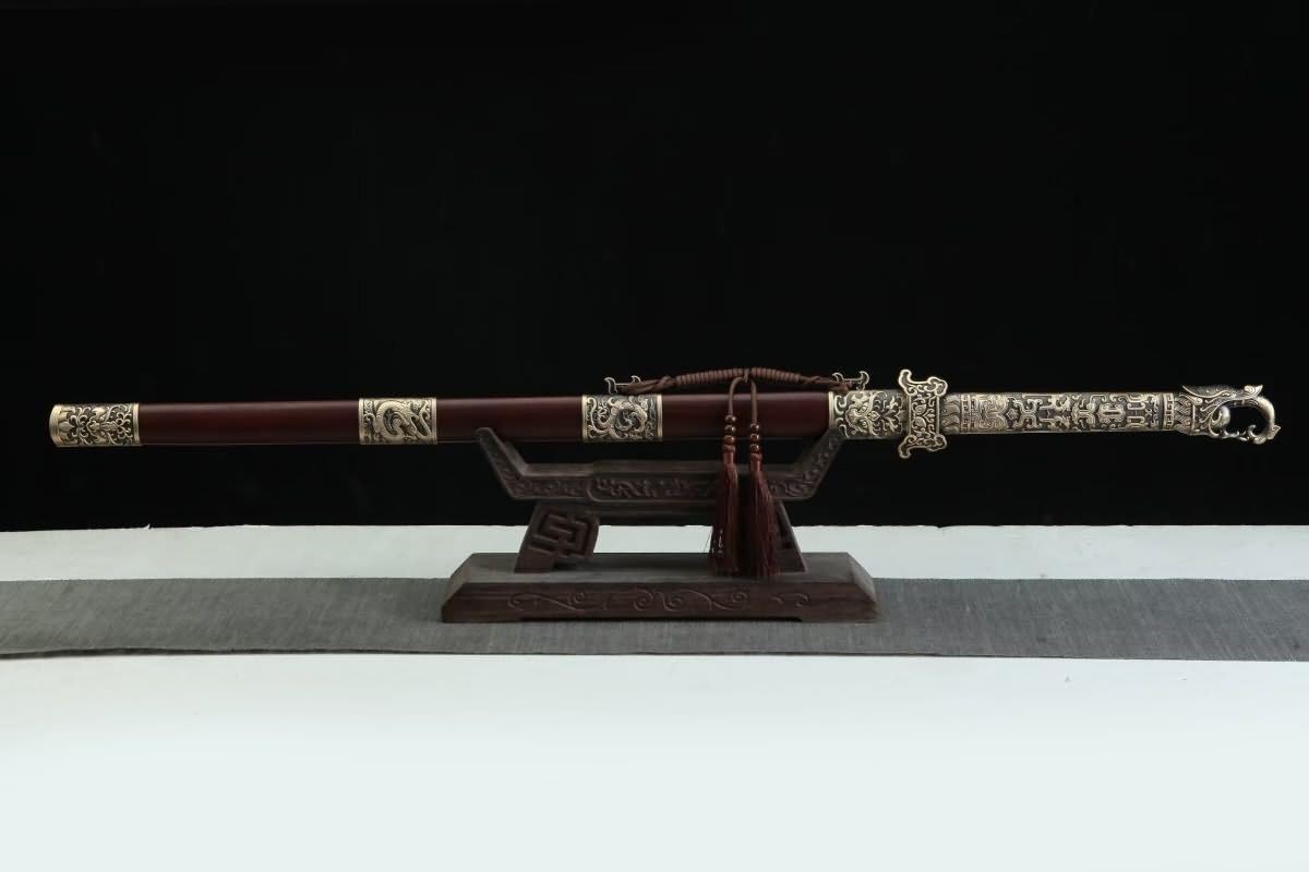 Tang Jian Sword – Forged Damascus Steel Blade, Brass Fittings, Rosewood/Ebony Scabbard