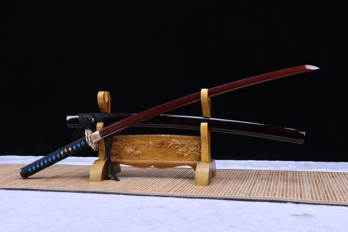 Samurai Katana – Red-Finished High Carbon Blade, Blue Leather Tsuka