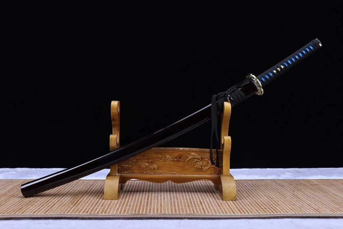 Samurai Katana – Red-Finished High Carbon Blade, Blue Leather Tsuka - Chinese Sword store