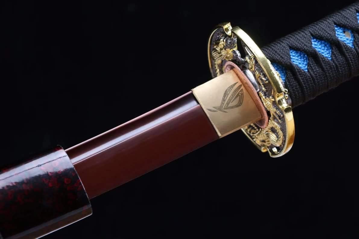 Samurai Katana – Red-Finished High Carbon Blade, Blue Leather Tsuka - Chinese Sword store
