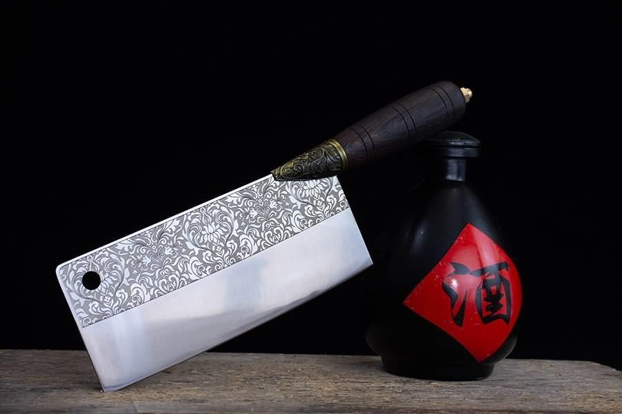 Handmade Chinese Cleaver Knife | 7Cr17Mov Stainless Steel Blade with Floral Engraving & Rosewood Handle
