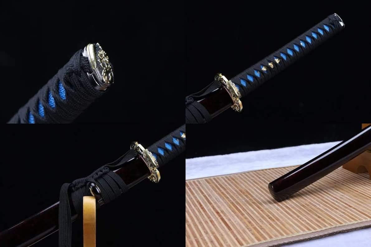 Samurai Katana – Red-Finished High Carbon Blade, Blue Leather Tsuka - Chinese Sword store