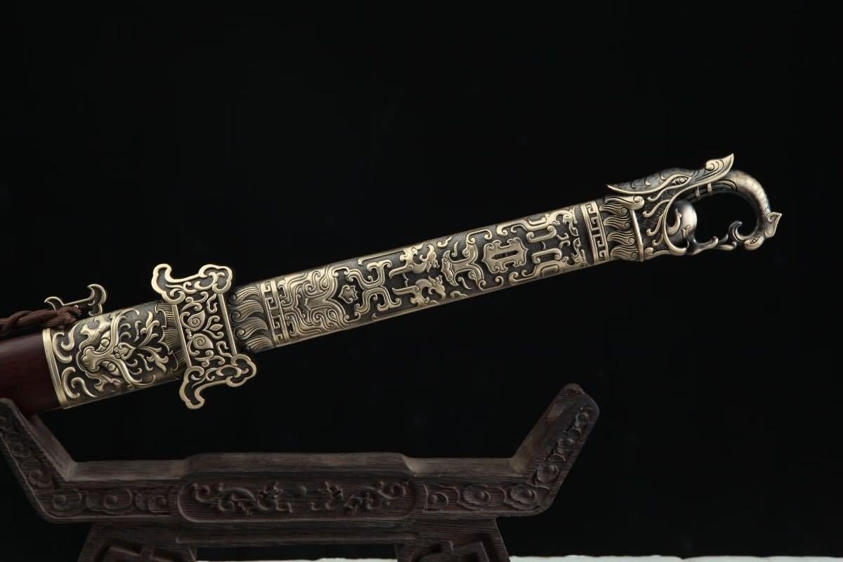 Tang Jian Sword – Forged Damascus Steel Blade, Brass Fittings, Rosewood/Ebony Scabbard