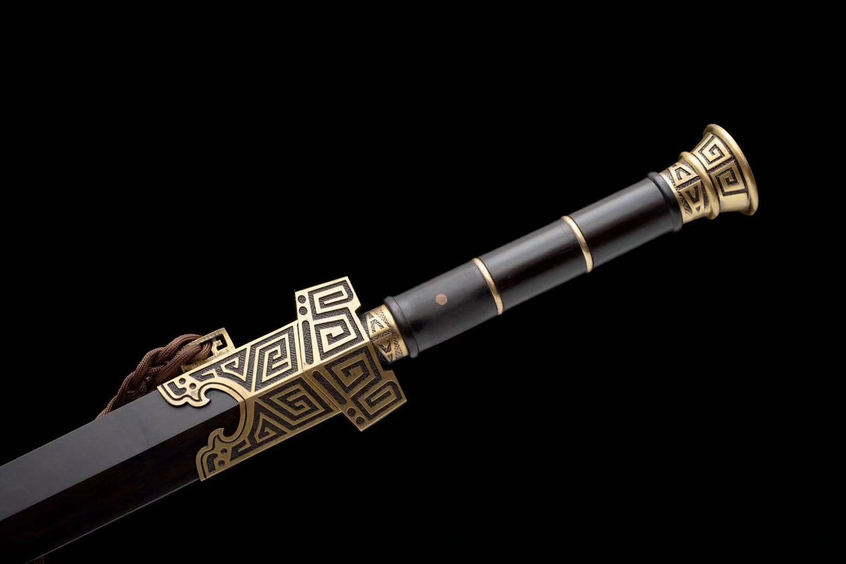 Qin King Jian | Hand-Forged Pattern Steel Chinese Sword with Brass Fittings & Ebony Scabbard