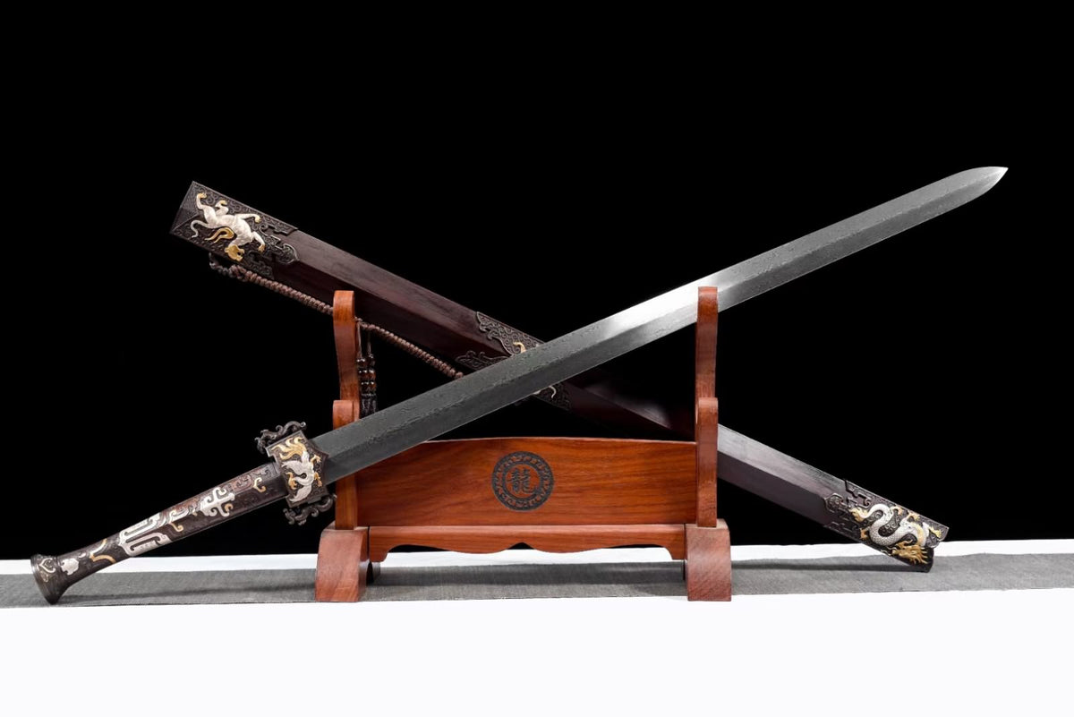 Handcrafted Chinese Han Sword with Forged Damascus Steel Blade - Antique Brass Fittings and Ebony Wood Scabbard