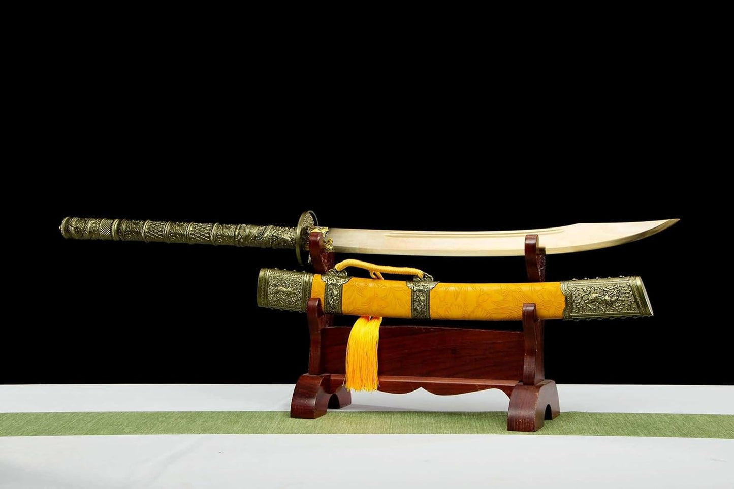 Regal Kangxi Steel Dao with Golden Tint & Embossed Faux-Leather Scabbard