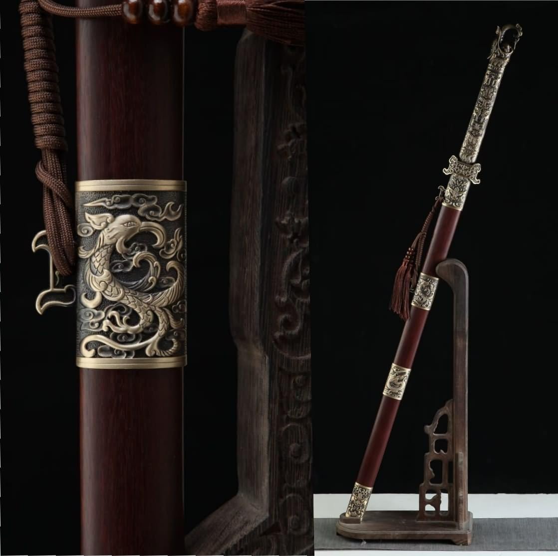 Tang Jian Sword – Forged Damascus Steel Blade, Brass Fittings, Rosewood/Ebony Scabbard
