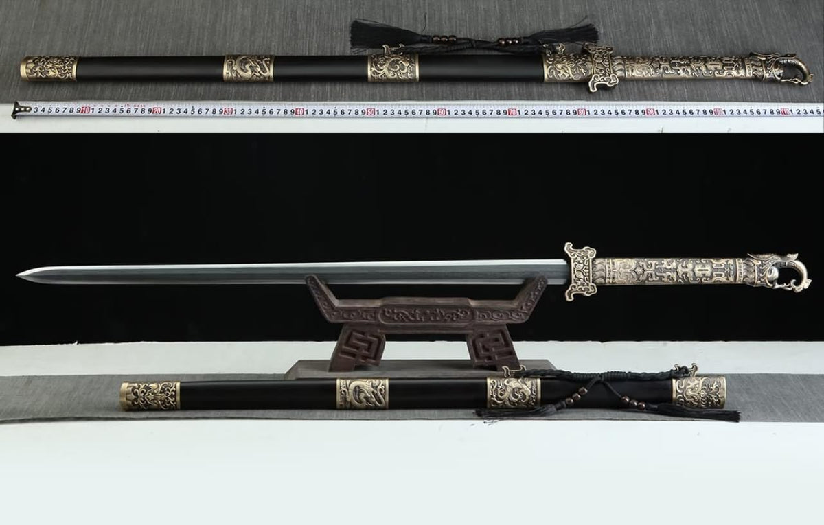 Tang Jian Sword – Forged Damascus Steel Blade, Brass Fittings, Rosewood/Ebony Scabbard