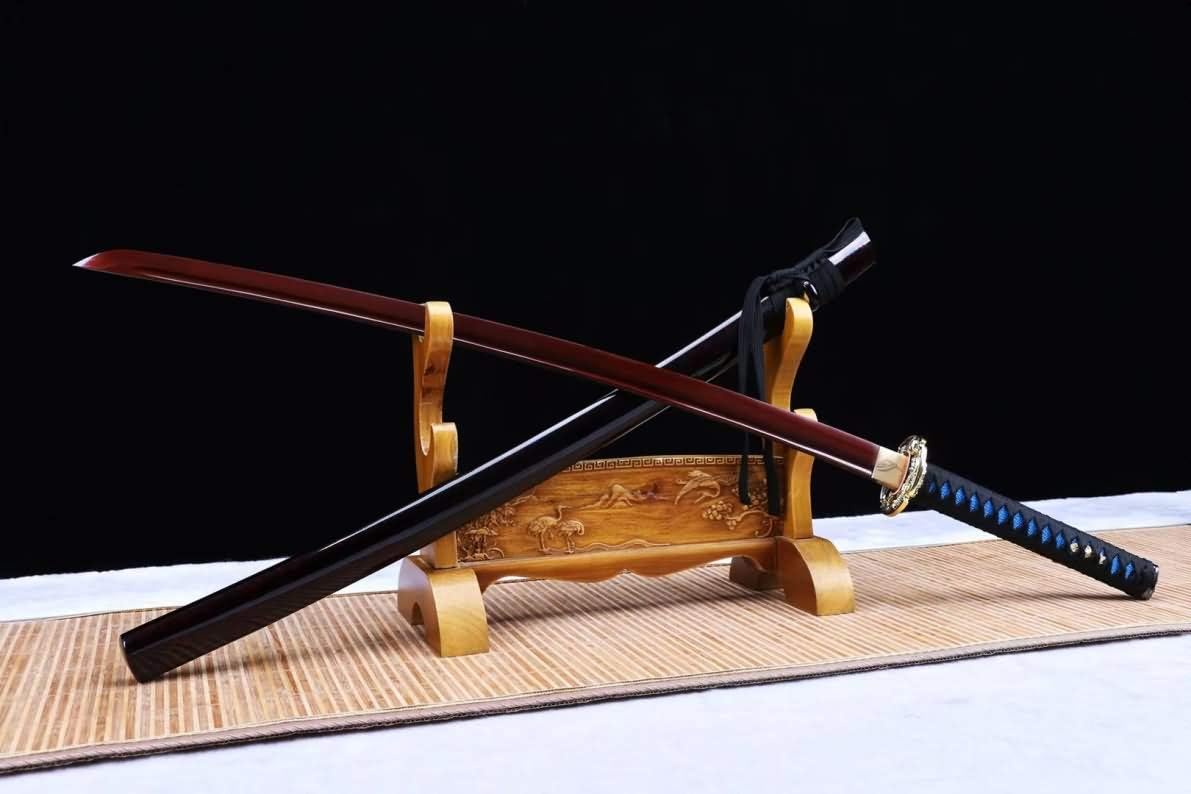 Samurai Katana – Red-Finished High Carbon Blade, Blue Leather Tsuka - Chinese Sword store
