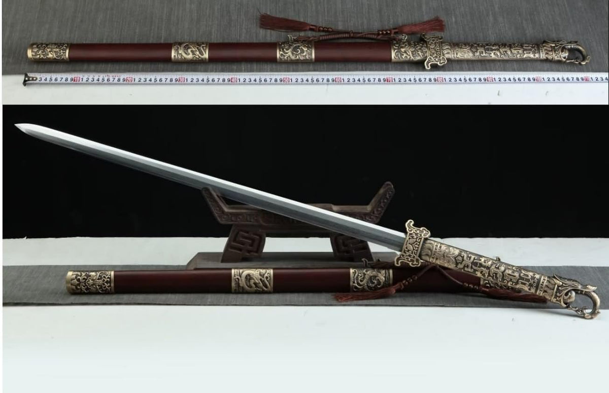 Tang Jian Sword – Forged Damascus Steel Blade, Brass Fittings, Rosewood/Ebony Scabbard