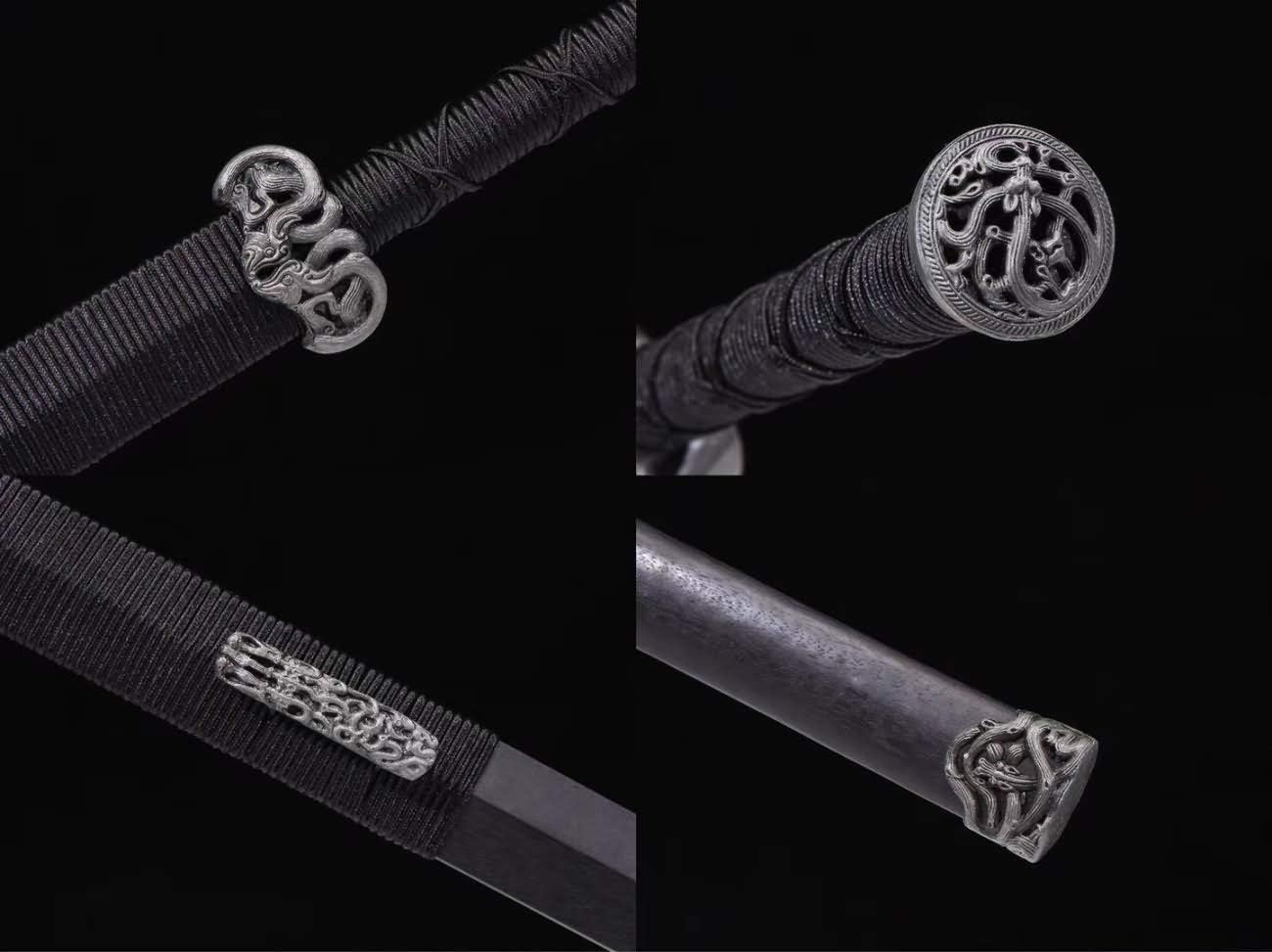 Handmade Chinese Jian Sword – High Manganese Steel Blade with Golden Etching, Black Wood Scabbard