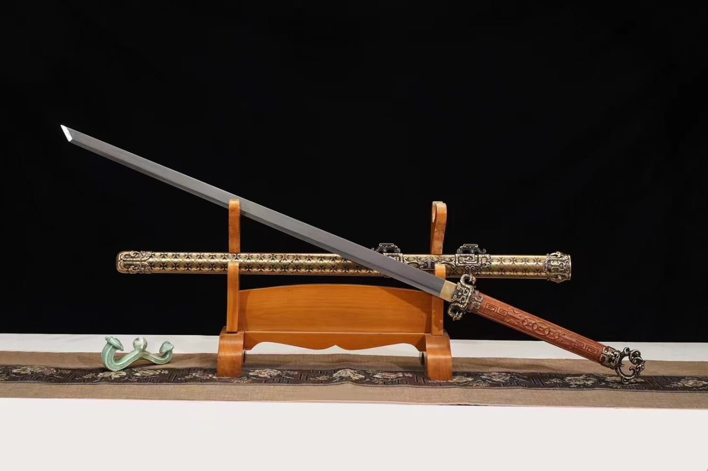 LOONGSWORD Chinese Sword Tang dao -Forged Damascus Steel Blade, Brass Scabbard, Collectible and Functional