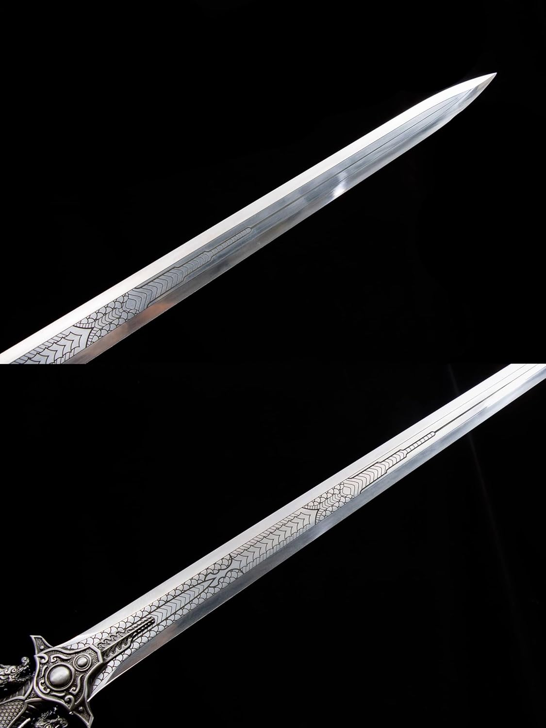 Longquan Double Dragon Han Sword – Etched Manganese Steel, 44″