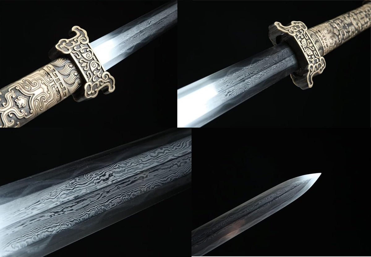 Tang Jian Sword – Forged Damascus Steel Blade, Brass Fittings, Rosewood/Ebony Scabbard