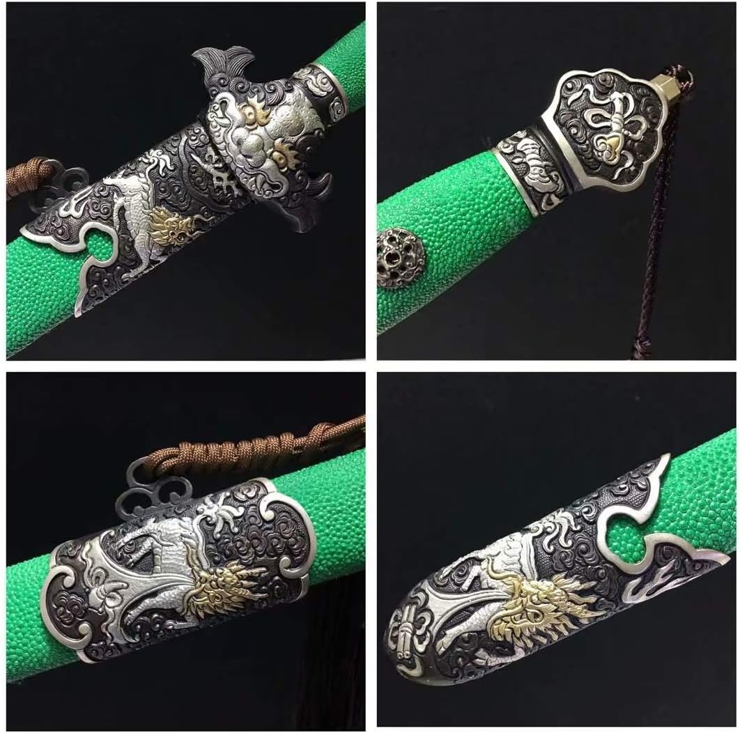 Qing jian,Forged Damascus Burn Blade,Green Skin Scabbard,Brass Fittings