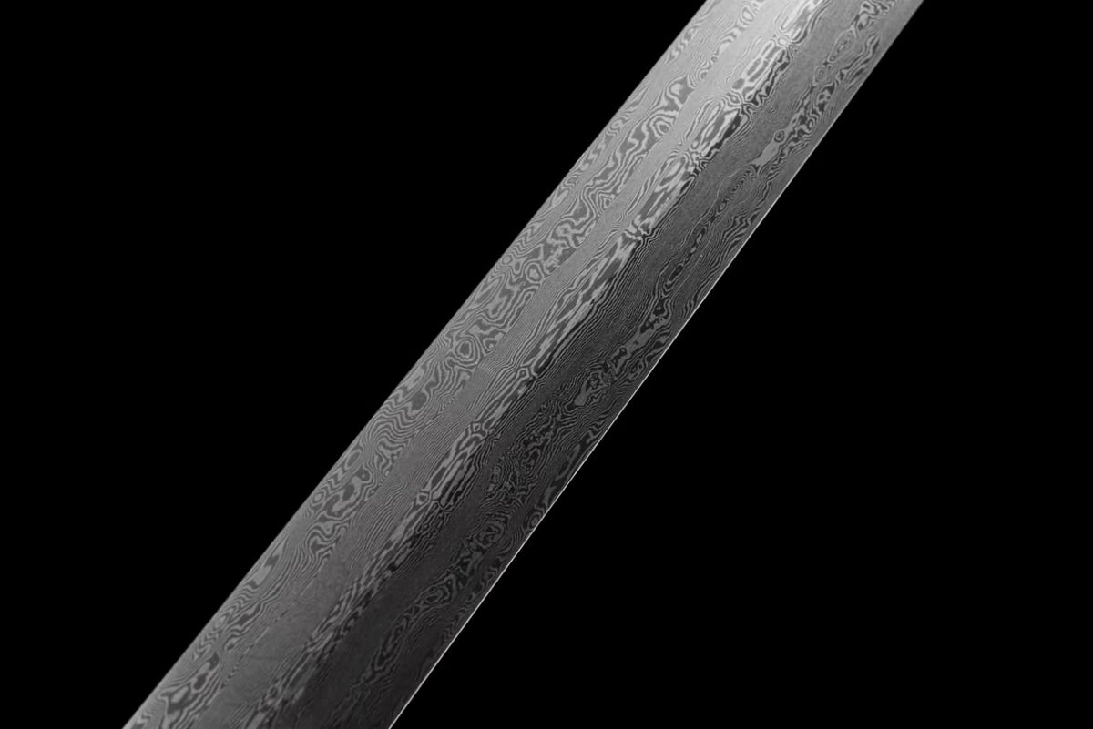 Handcrafted Chinese Han Sword with Forged Damascus Steel Blade - Antique Brass Fittings and Ebony Wood Scabbard