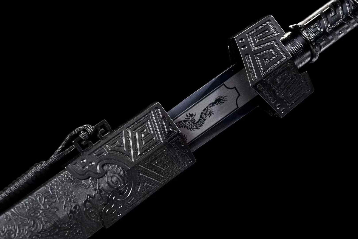 Black Qin Jian | Hand-Forged High Manganese Steel Chinese Sword with Blackened Blade & Leather-Wrapped Scabbard - Chinese Sword store
