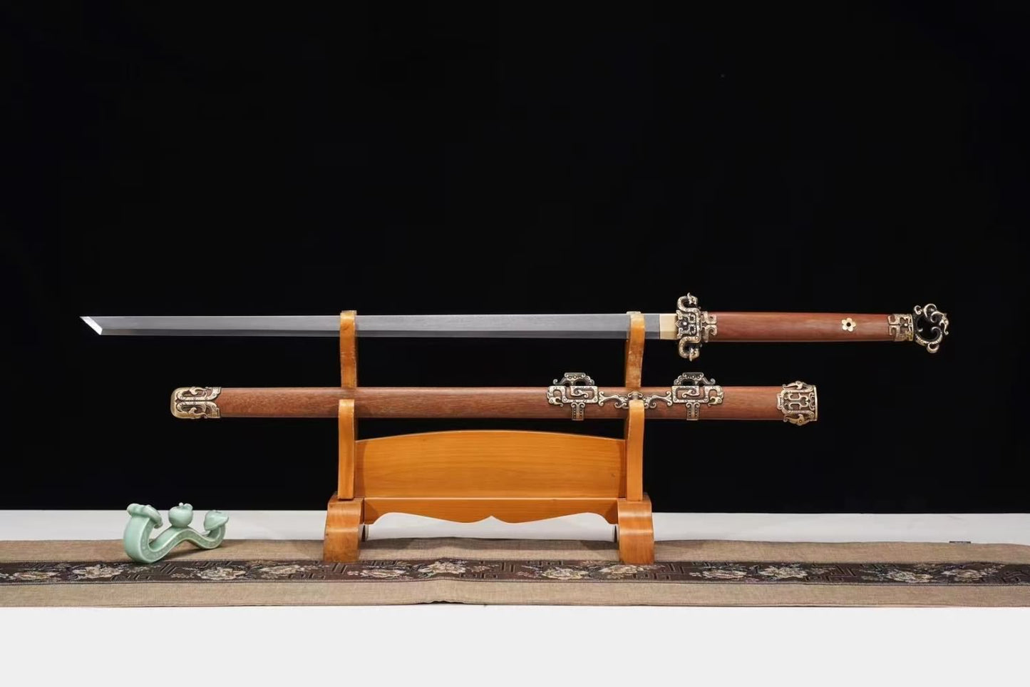 LOONGSWORD,Tang dao Swords-Handcrafted Damascus Steel Blade with Brass Fittings Rosewood Scabbard