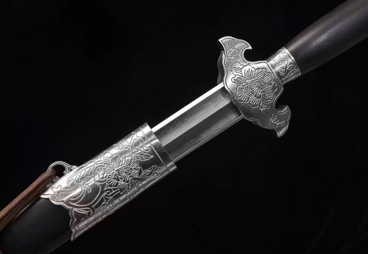 Peony Swords Real(Forged Damascus Steel Blade,Iron Fittings,Ebony Scabbard)