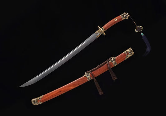LOONGSWORD,Qing dao Broadsword Forged Damascus Blades,Redwood Scabbard Brass Fittings