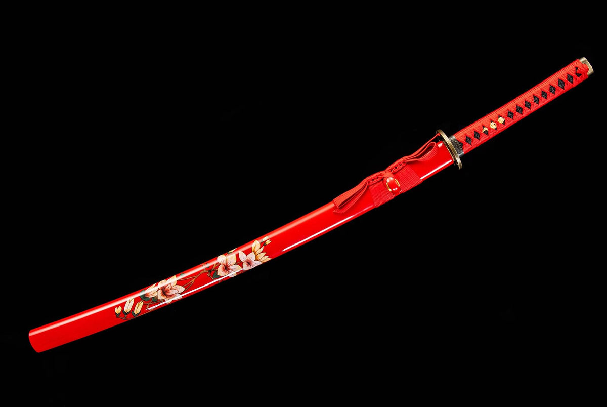 Chixia Katana – 40.6″ Manganese Steel, Red Lacquer Saya & Cord-Wrapped Handle