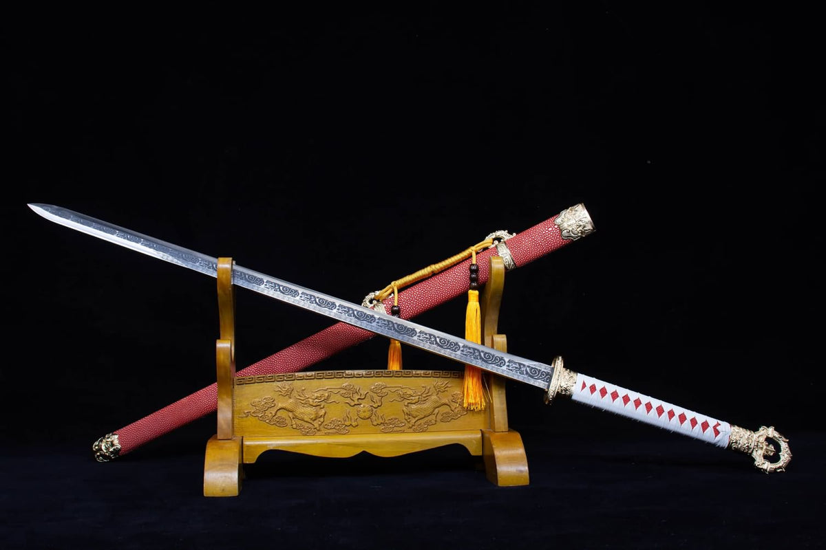 Round Head Tang jian,Battle Ready,Forged Blades,Red Fake Leather Scabbard