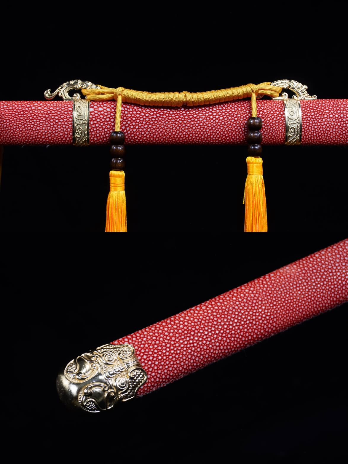 Round Head Tang jian,Battle Ready,Forged Blades,Red Fake Leather Scabbard