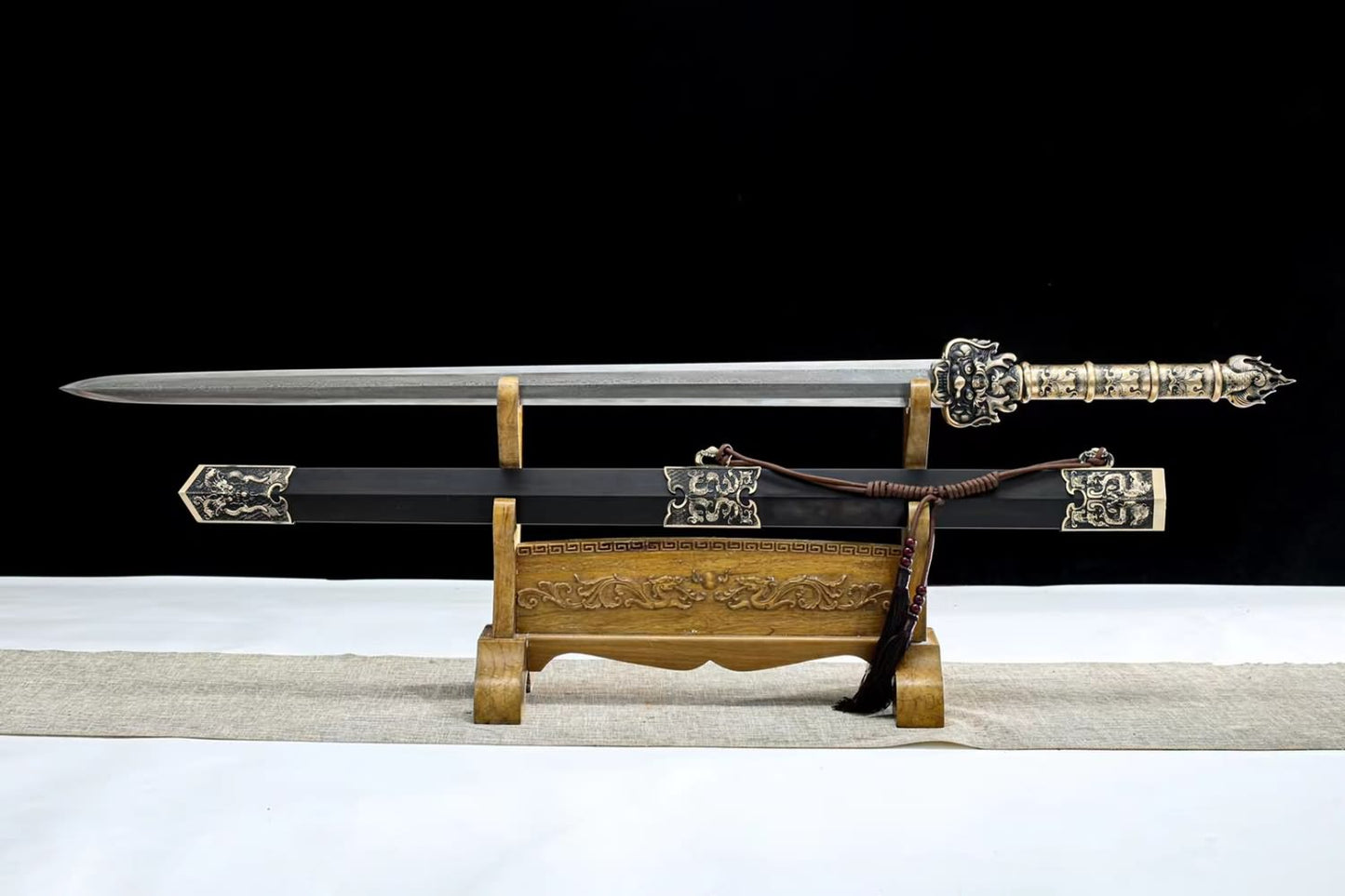 Han Sword, Damascus Steel Blade, Ebony Scabbard, Brass Dragon Fittings-Length 45”