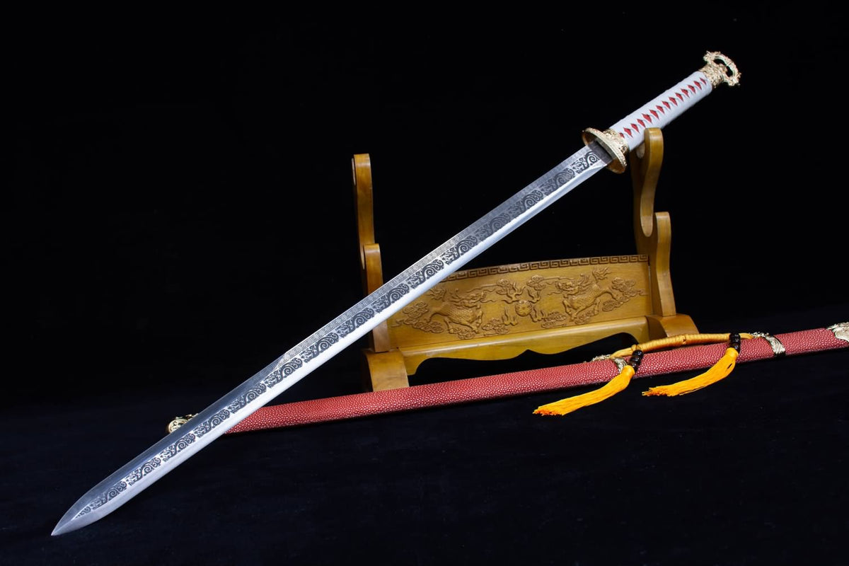 Round Head Tang jian,Battle Ready,Forged Blades,Red Fake Leather Scabbard