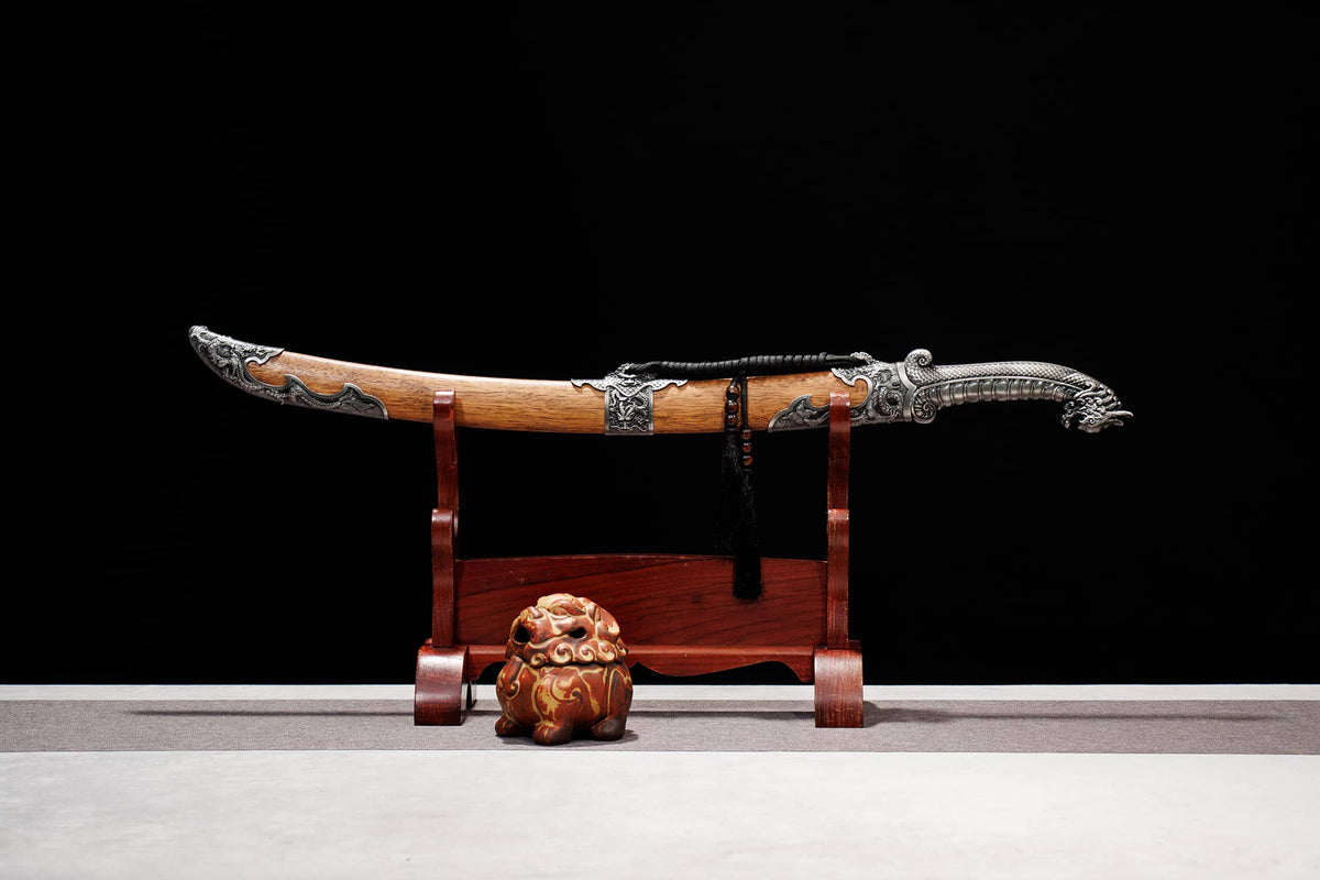 Longxiao Dragon Curved Dao – 32.3″ Manganese Steel, Dyed Wood Scabbard