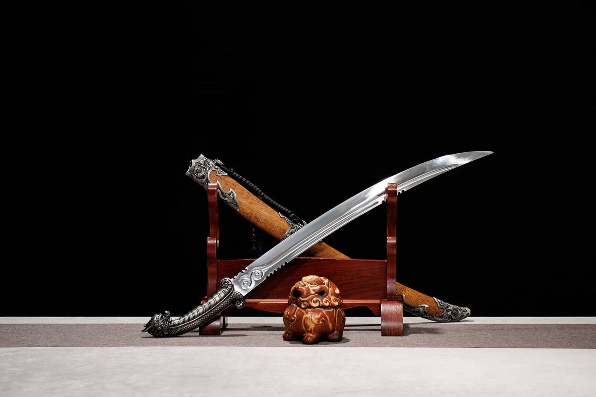 Longxiao Dragon Curved Dao – 32.3″ Manganese Steel, Dyed Wood Scabbard