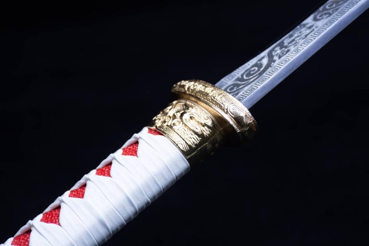 Round Head Tang jian,Battle Ready,Forged Blades,Red Fake Leather Scabbard