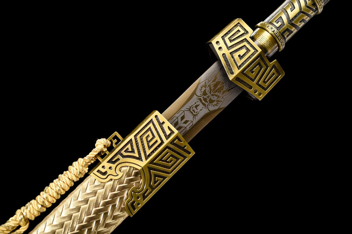 Qin King Jian | Hand-Forged High Manganese Steel Chinese Sword with Qin-Style Alloy Fittings & Gold Scabbard