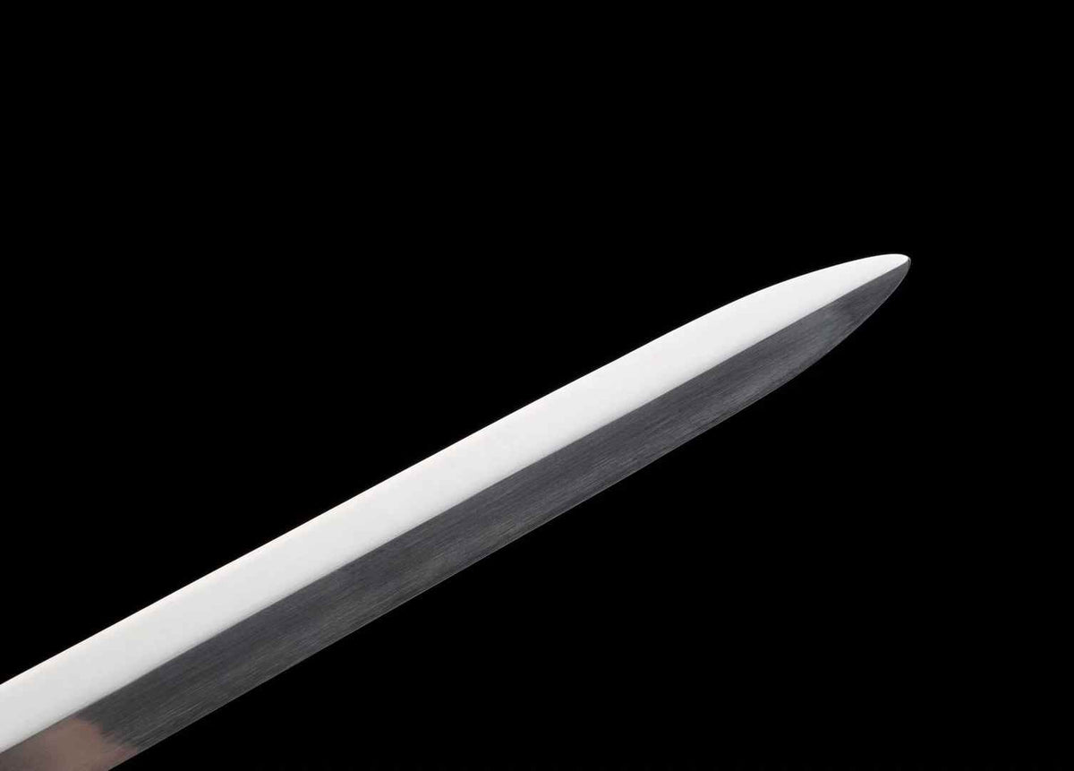 Close-up of the polished Chenguang Tai Chi Jian blade and tapered tip