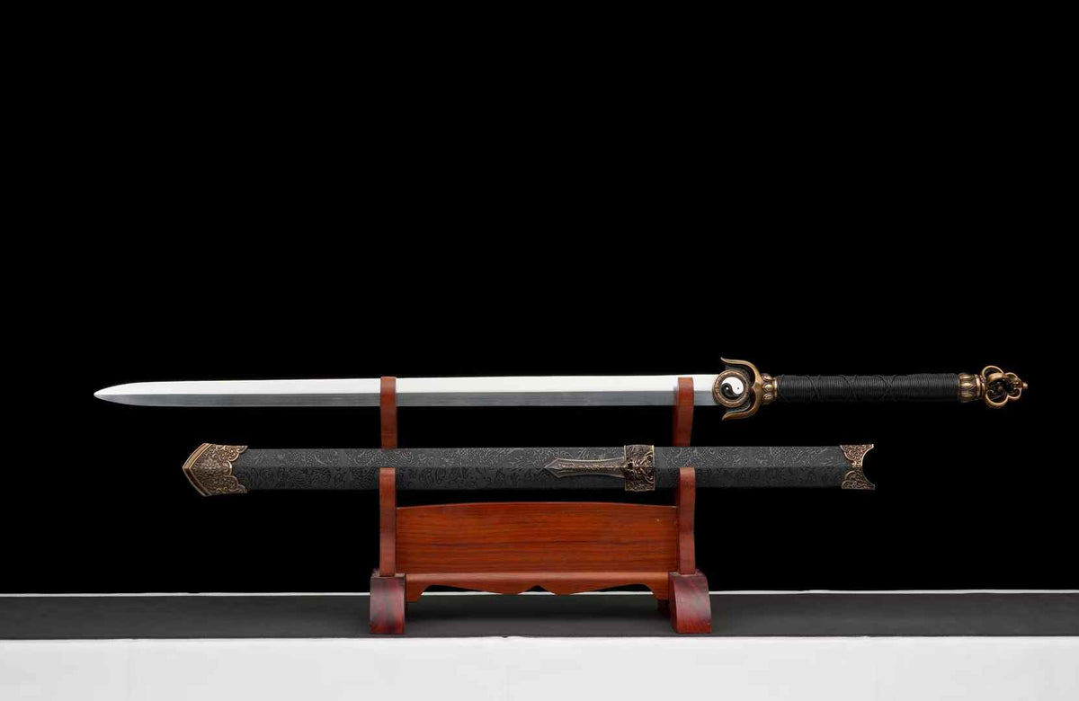 Chenguang Tai Chi Jian with a polished straight blade and black patterned scabbard; wooden stand not included