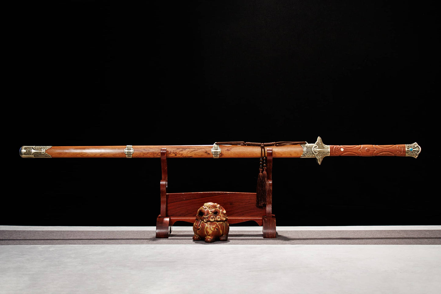 Qingming Jian | Hand-Forged Folded Pattern Steel Chinese Sword with Brass Fittings & Rosewood Scabbard