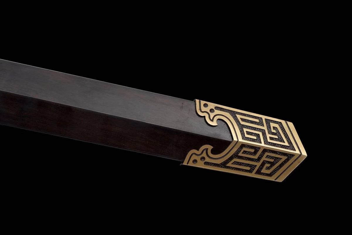 Qin King Jian | Hand-Forged Pattern Steel Chinese Sword with Brass Fittings & Ebony Scabbard