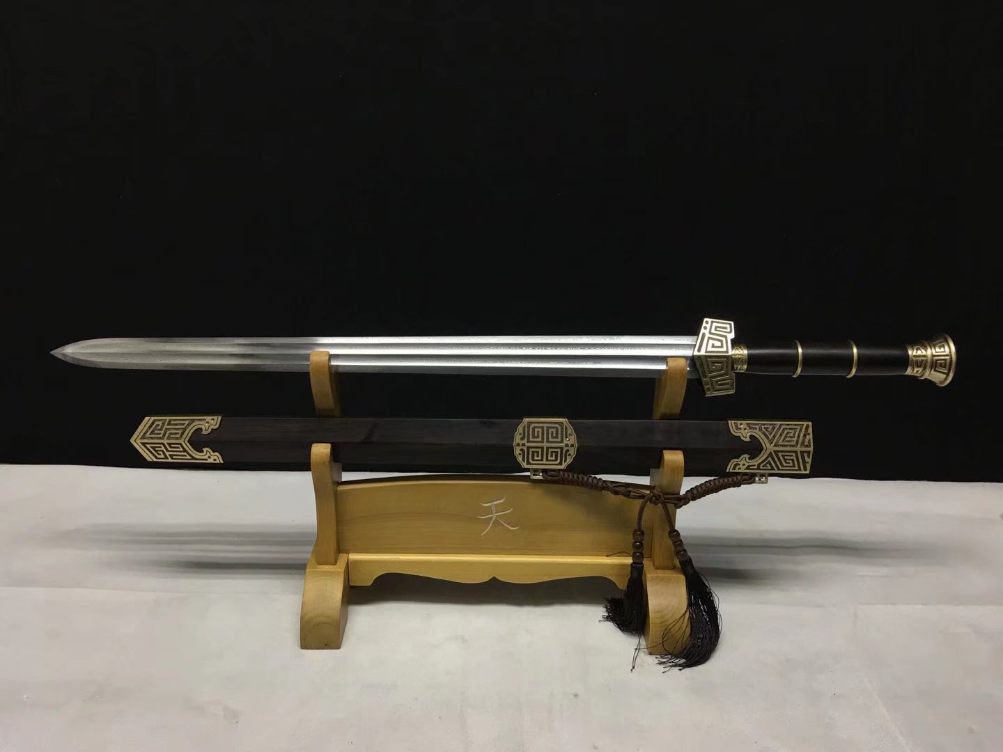 Qin King Jian | Hand-Forged Pattern Steel Chinese Sword with Brass Fittings & Ebony Scabbard
