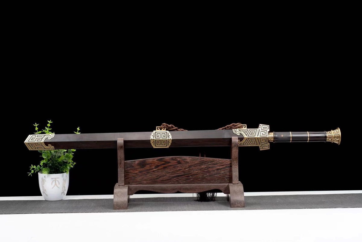 Qin King Jian | Hand-Forged Pattern Steel Chinese Sword with Brass Fittings & Ebony Scabbard