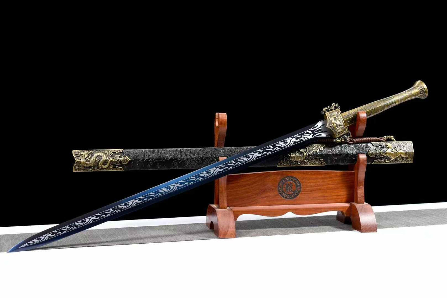 Four Symbols Han Jian | High Carbon Steel Chinese Sword with Blue-Etched Blade & PU Leather Scabbard